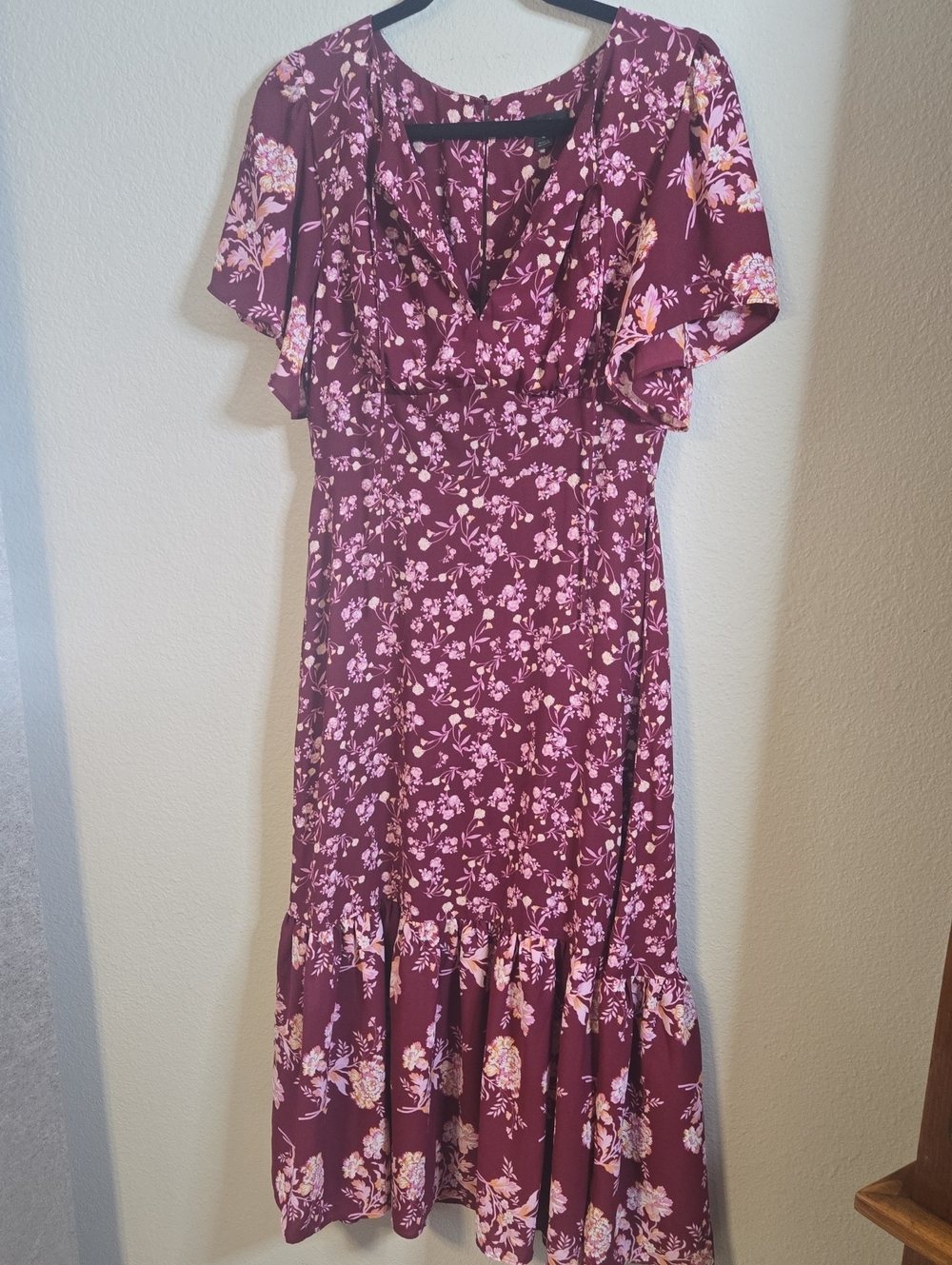 J. Crew Plum Floral V-Neck Flutter Sleeve Midi Dress